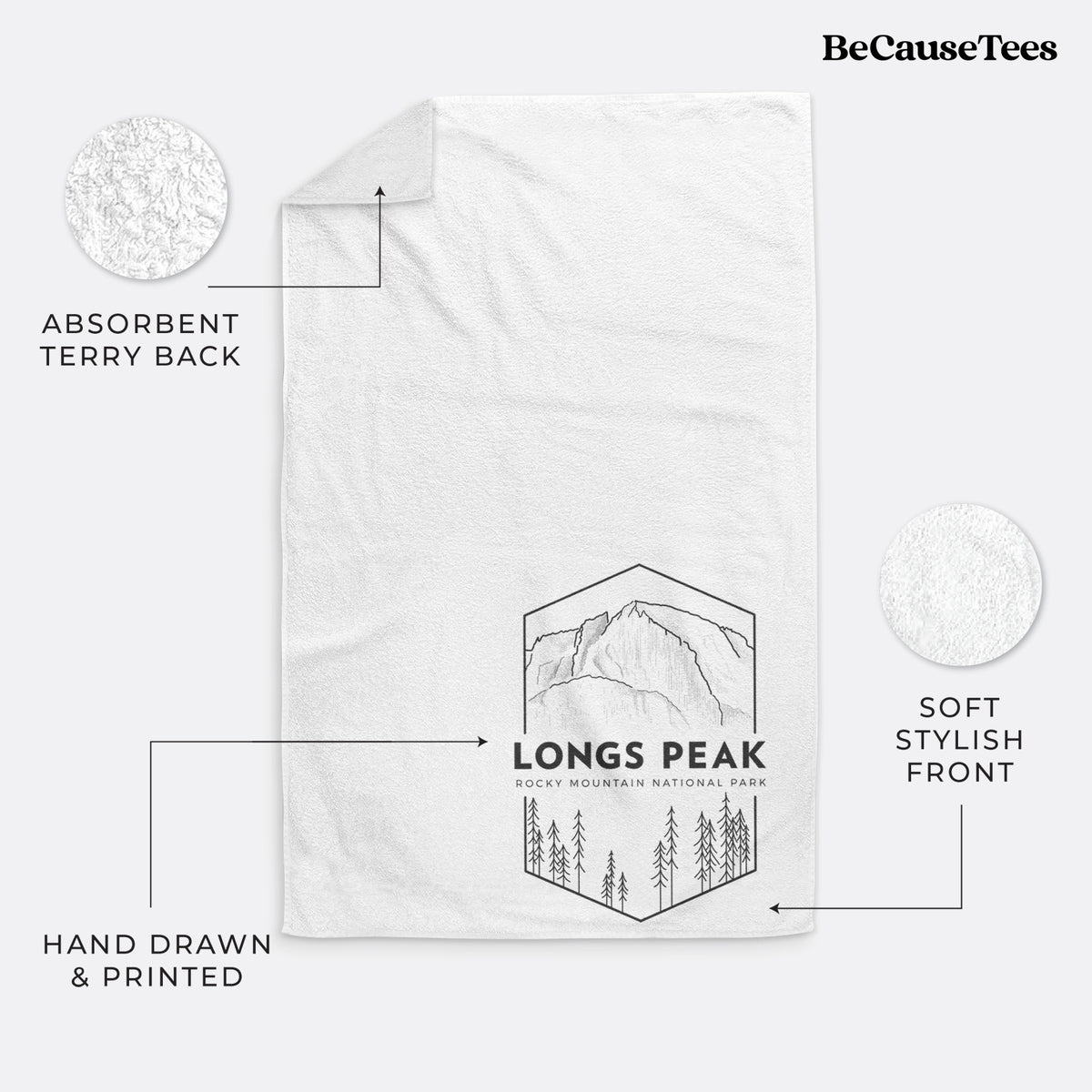 White hand towel printed with a black line art badge of Longs Peak above a pine forest, with the words Longs Peak, Rocky Mountain National Park.