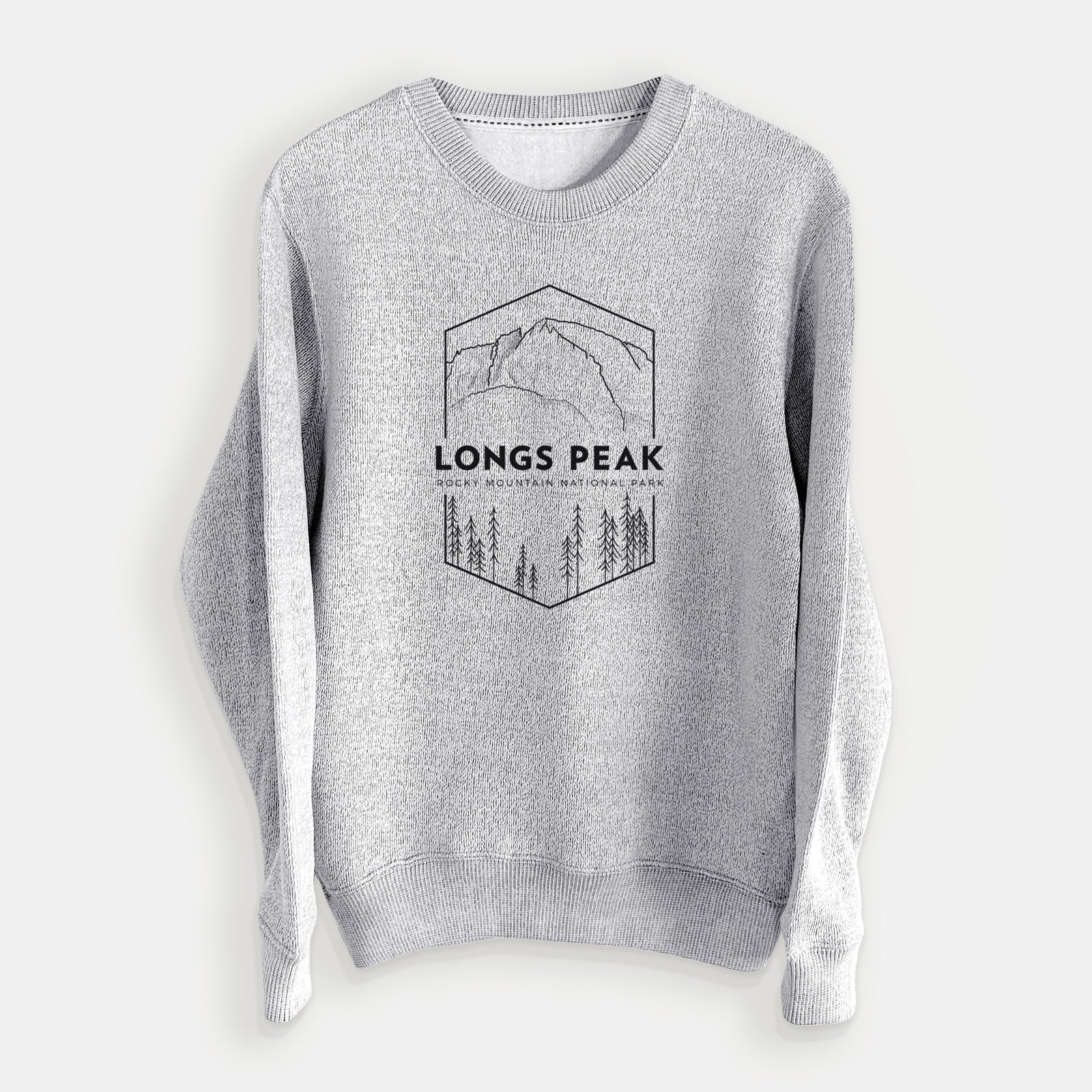 Salt and pepper knit sweatshirt laid flat, printed with a black line art badge of Longs Peak above a pine forest, with the words Longs Peak, Rocky Mountain National Park.