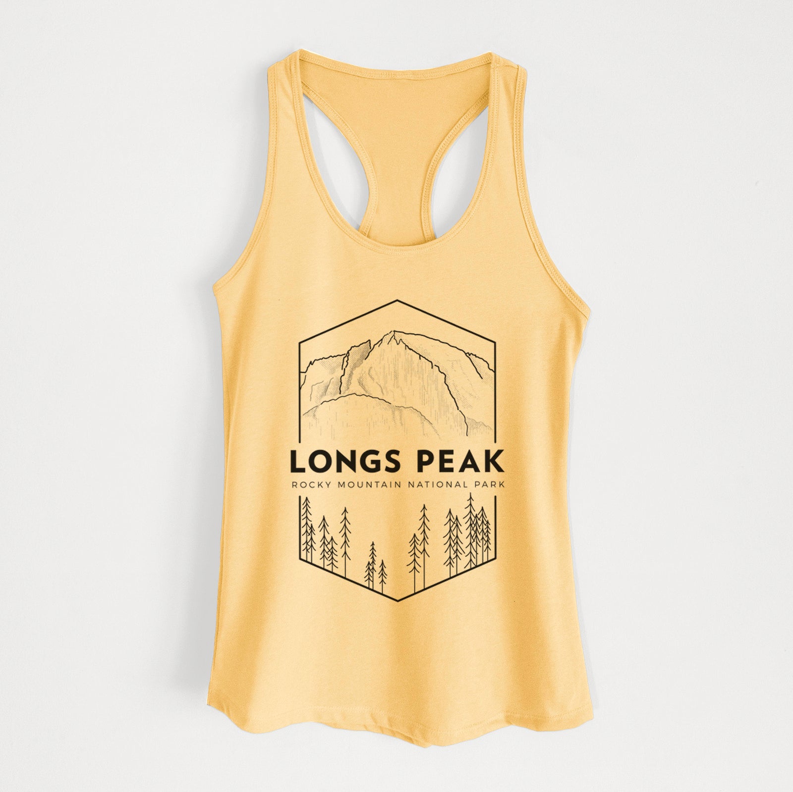 Banana cream women's racerback tank top laid flat, printed with a black line art badge of Longs Peak above a pine forest, with the words Longs Peak, Rocky Mountain National Park.