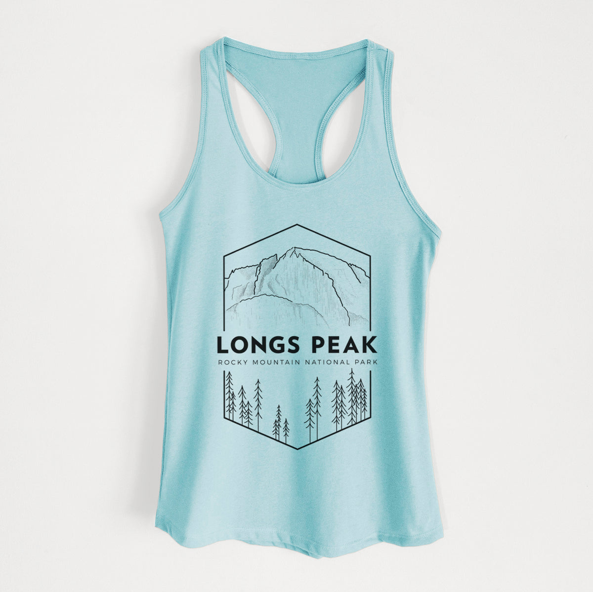 Cancun blue women's racerback tank top laid flat, printed with a black line art badge of Longs Peak above a pine forest, with the words Longs Peak, Rocky Mountain National Park.