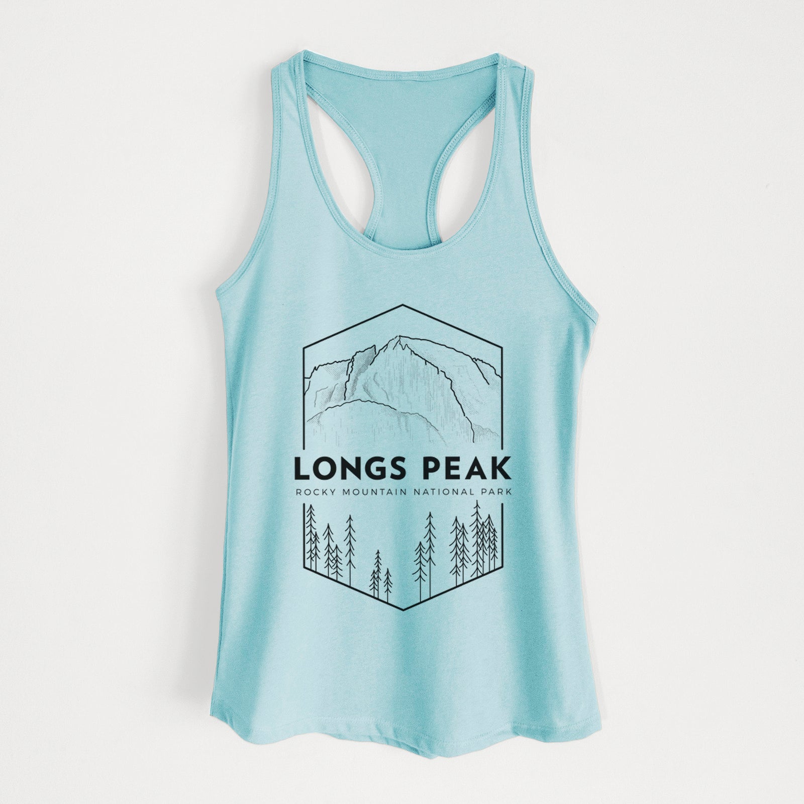 Banana cream women's racerback tank top laid flat, printed with a black line art badge of Longs Peak above a pine forest, with the words Longs Peak, Rocky Mountain National Park.