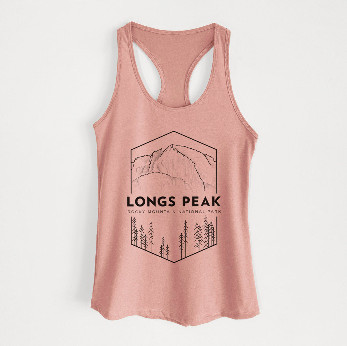 Desert pink women's racerback tank top laid flat, printed with a black line art badge of Longs Peak above a pine forest, with the words Longs Peak, Rocky Mountain National Park.