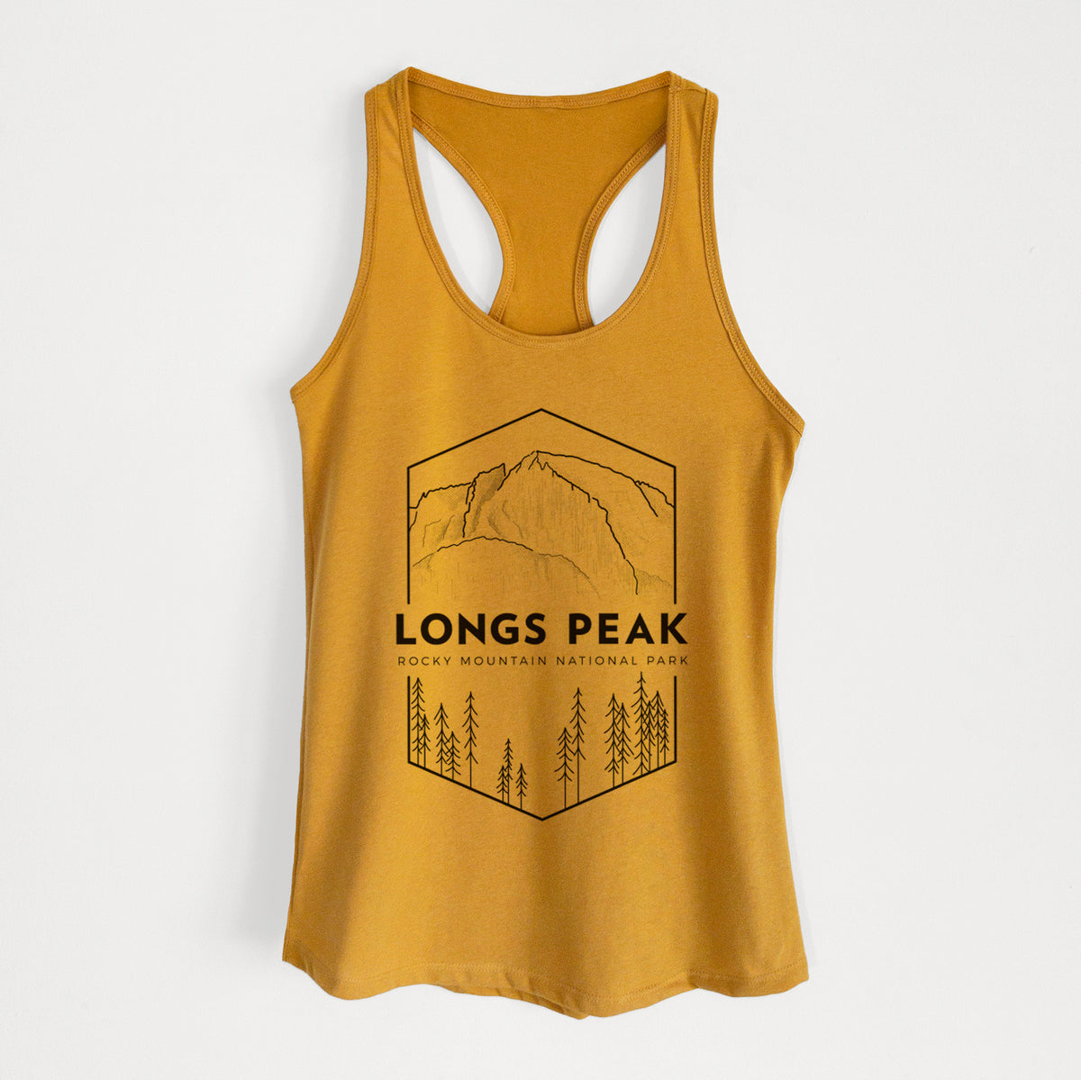 Gold women's racerback tank top laid flat, printed with a black line art badge of Longs Peak above a pine forest, with the words Longs Peak, Rocky Mountain National Park.