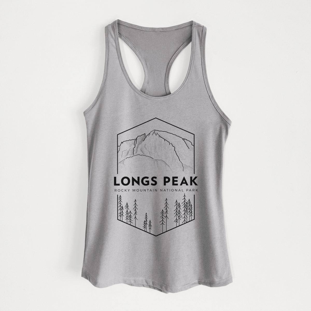 Heather grey women's racerback tank top laid flat, printed with a black line art badge of Longs Peak above a pine forest, with the words Longs Peak, Rocky Mountain National Park.