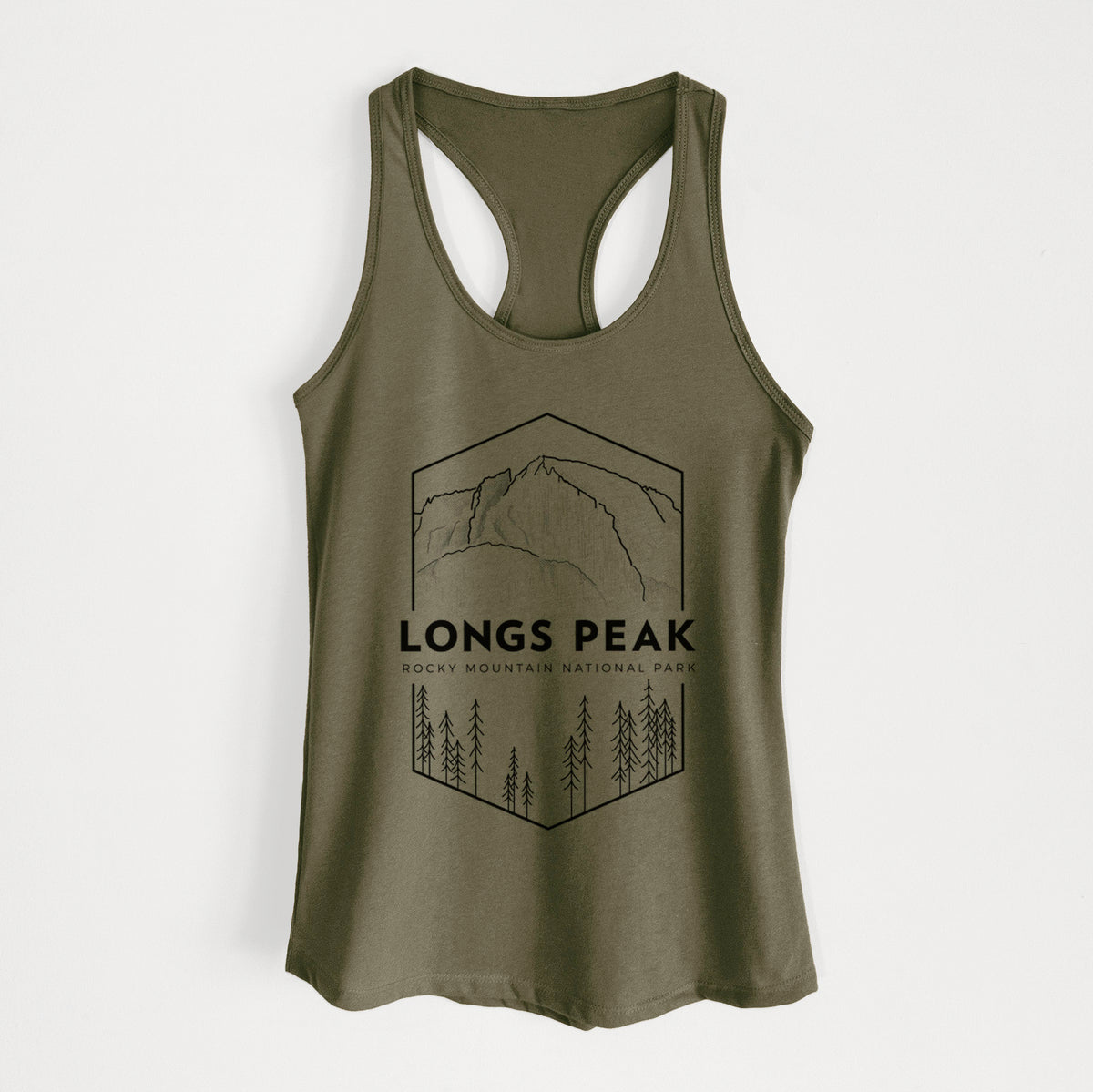 Military green women's racerback tank top laid flat, printed with a black line art badge of Longs Peak above a pine forest, with the words Longs Peak, Rocky Mountain National Park.