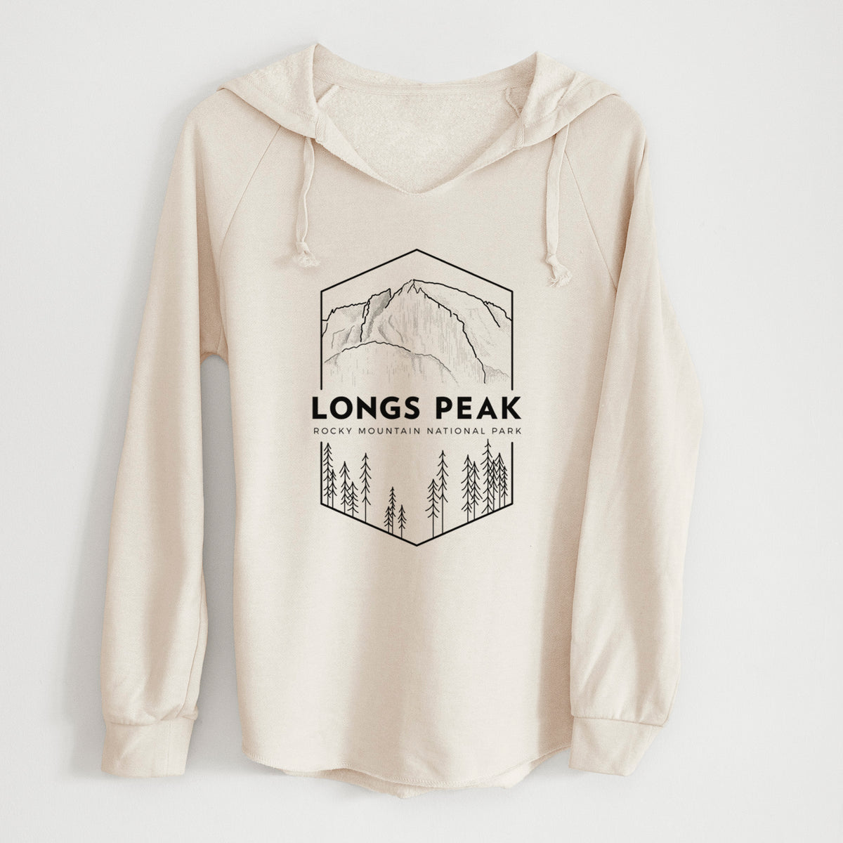 Bone cream women's Cali Wave hooded sweatshirt laid flat, printed with a black line art badge of Longs Peak above a pine forest, with the words Longs Peak, Rocky Mountain National Park.