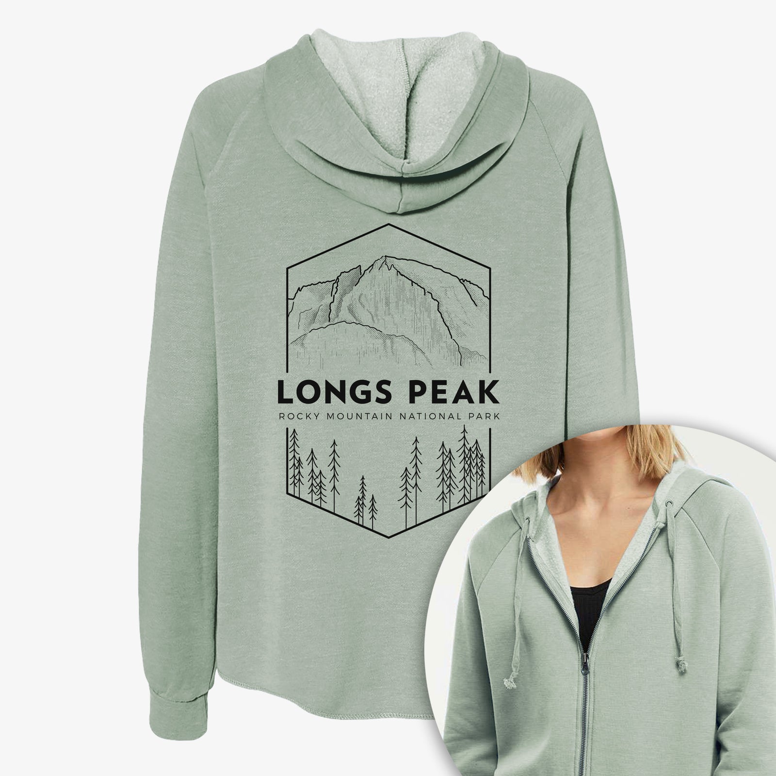 Women's Cali Wave zip-up sweatshirt printed with a black line art badge of Longs Peak above a pine forest, with the words Longs Peak, Rocky Mountain National Park, with a close-up of the zipper.