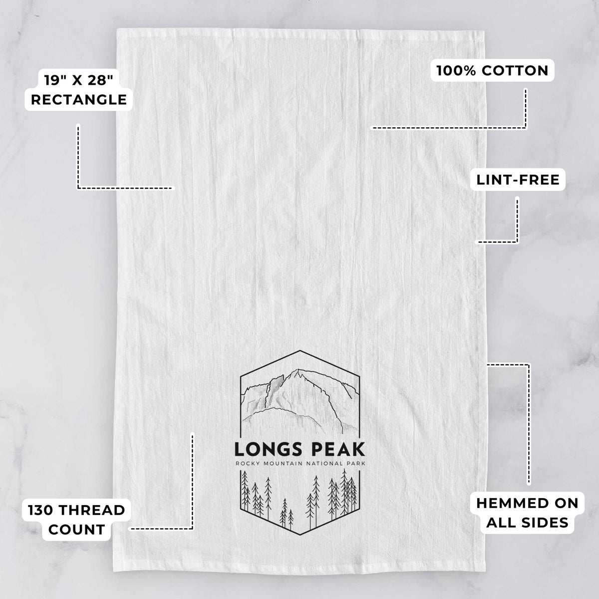 White tea towel printed with a black line art badge of Longs Peak above a pine forest, with the words Longs Peak, Rocky Mountain National Park, with feature labels: 19 by 28 inch rectangle, 100% cotton, lint-free, 130 thread count, hemmed on all sides.