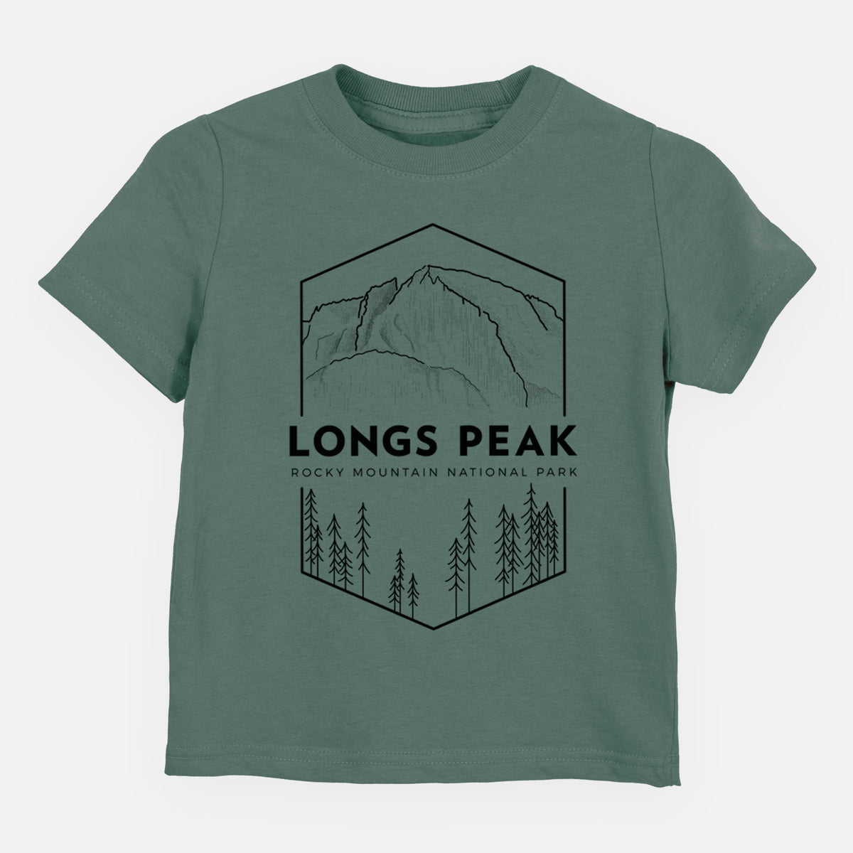 Basil green toddler t-shirt laid flat, printed with a black line art badge of Longs Peak above a pine forest, with the words Longs Peak, Rocky Mountain National Park.