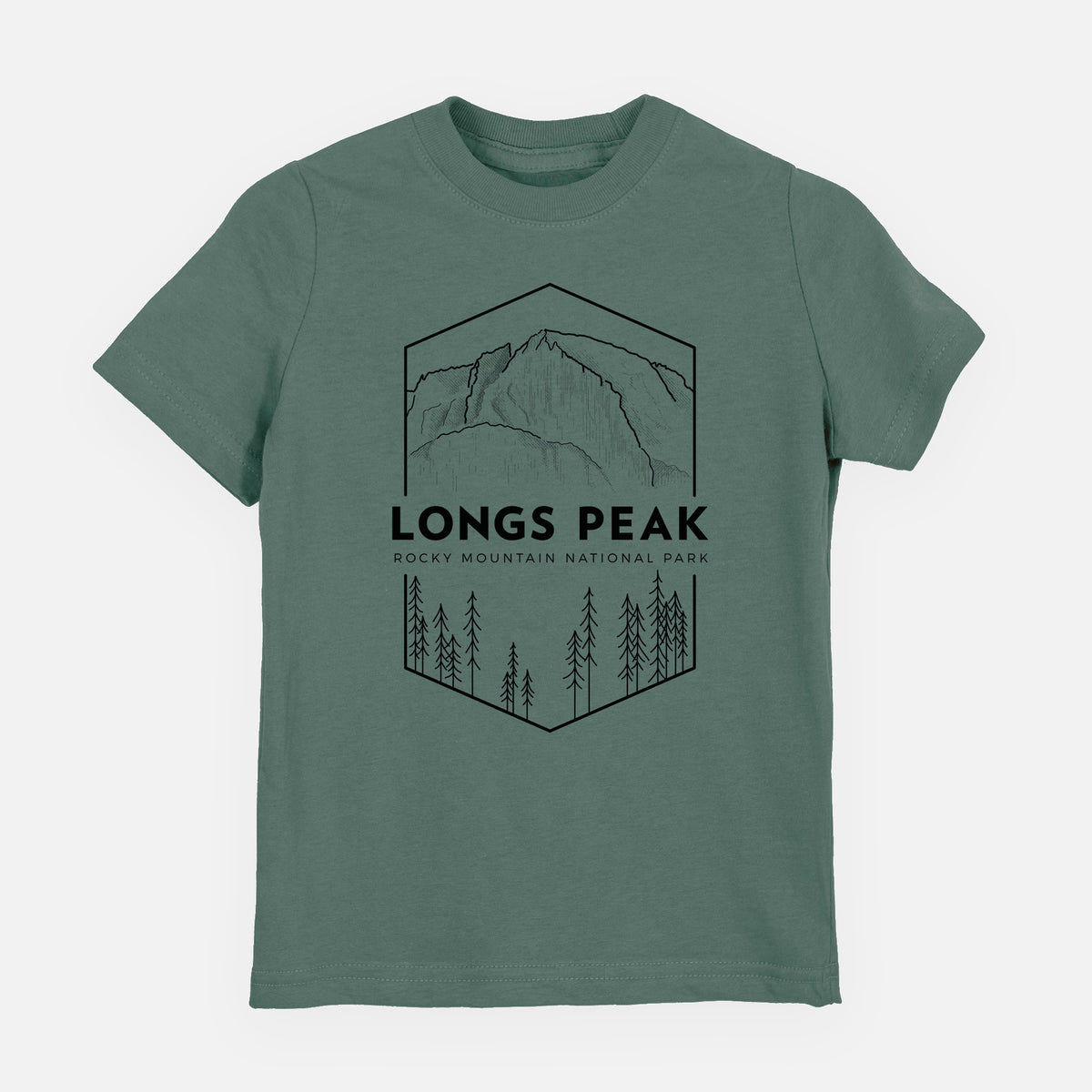 Basil green youth t-shirt laid flat, printed with a black line art badge of Longs Peak above a pine forest, with the words Longs Peak, Rocky Mountain National Park.