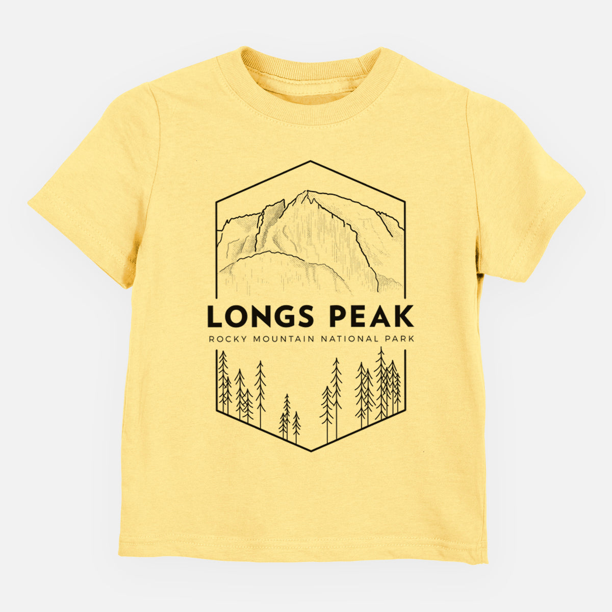 Butter yellow toddler t-shirt laid flat, printed with a black line art badge of Longs Peak above a pine forest, with the words Longs Peak, Rocky Mountain National Park.