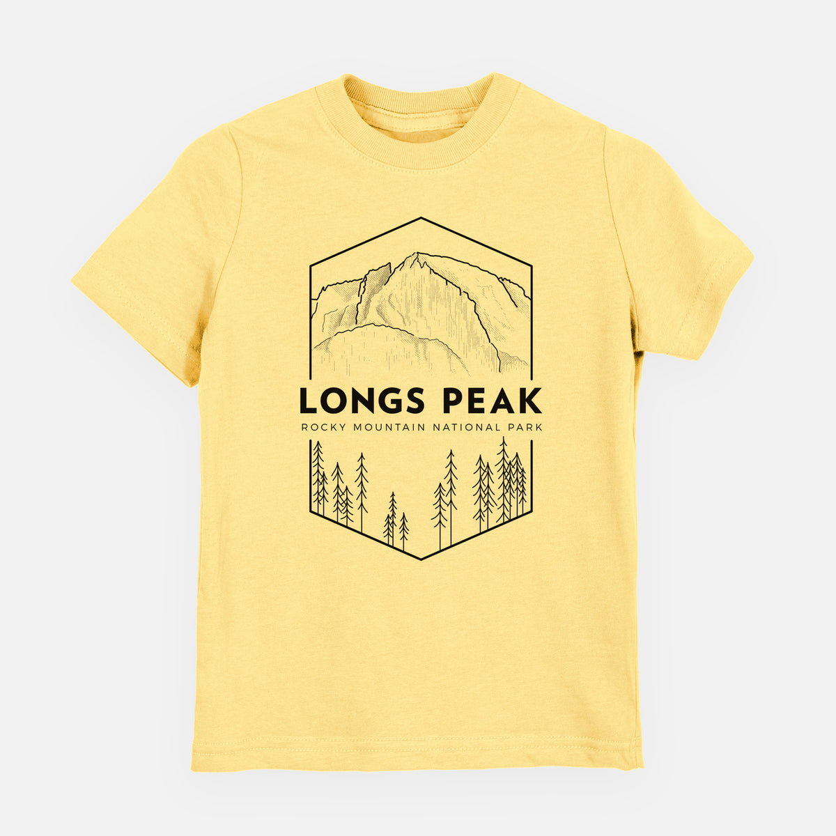 Butter yellow youth t-shirt laid flat, printed with a black line art badge of Longs Peak above a pine forest, with the words Longs Peak, Rocky Mountain National Park.