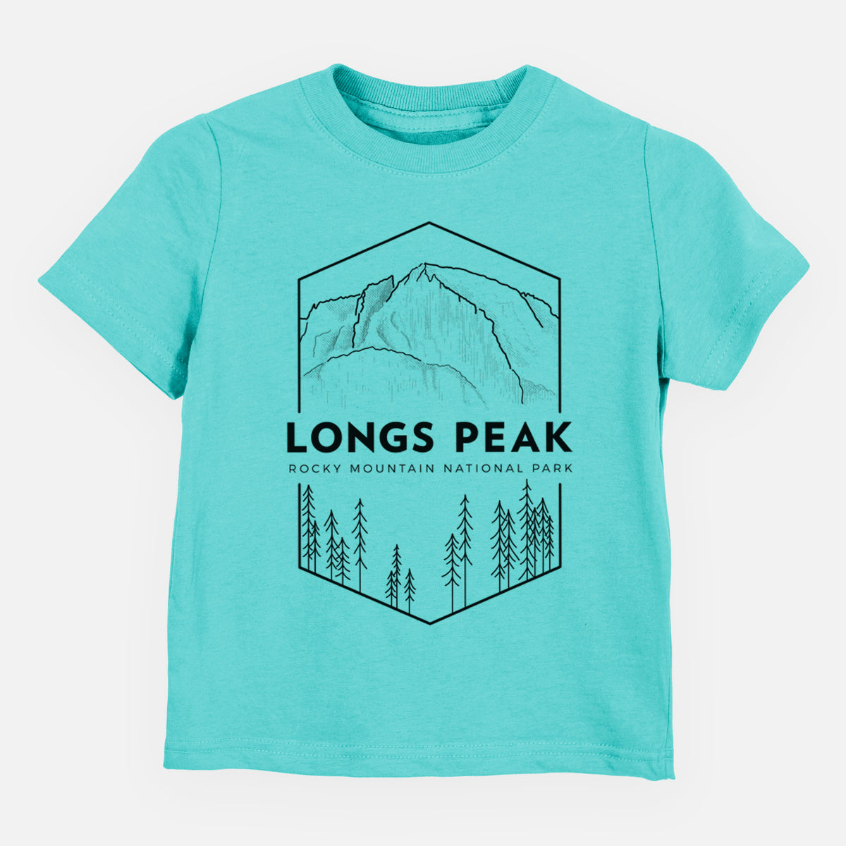 Caribbean blue toddler t-shirt laid flat, printed with a black line art badge of Longs Peak above a pine forest, with the words Longs Peak, Rocky Mountain National Park.