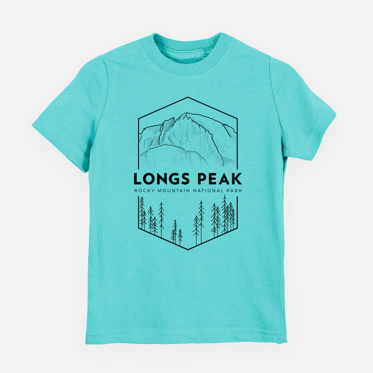 Caribbean blue youth t-shirt laid flat, printed with a black line art badge of Longs Peak above a pine forest, with the words Longs Peak, Rocky Mountain National Park.