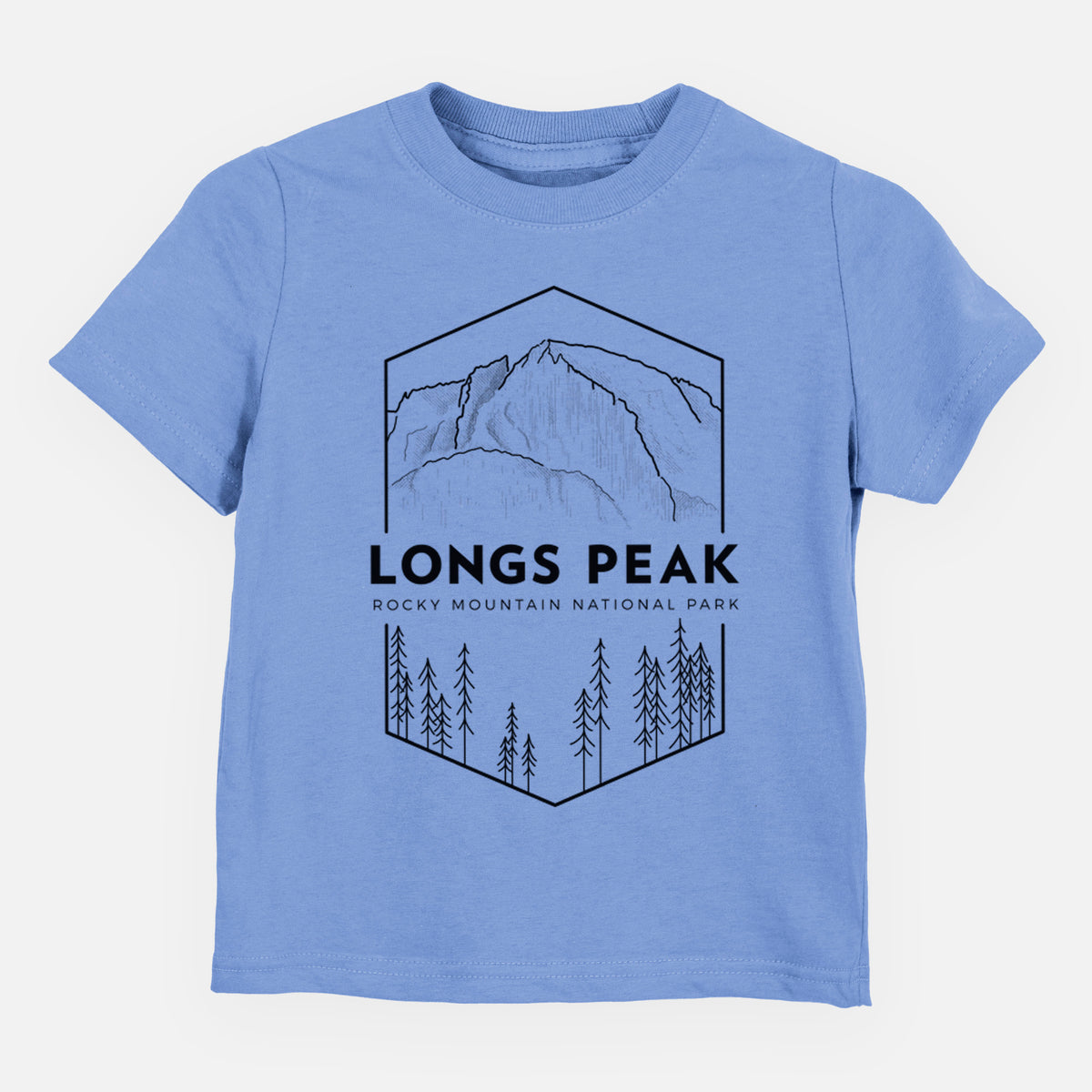 Carolina blue toddler t-shirt laid flat, printed with a black line art badge of Longs Peak above a pine forest, with the words Longs Peak, Rocky Mountain National Park.