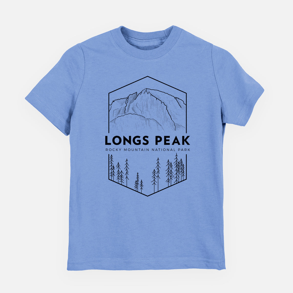 Carolina blue youth t-shirt laid flat, printed with a black line art badge of Longs Peak above a pine forest, with the words Longs Peak, Rocky Mountain National Park.