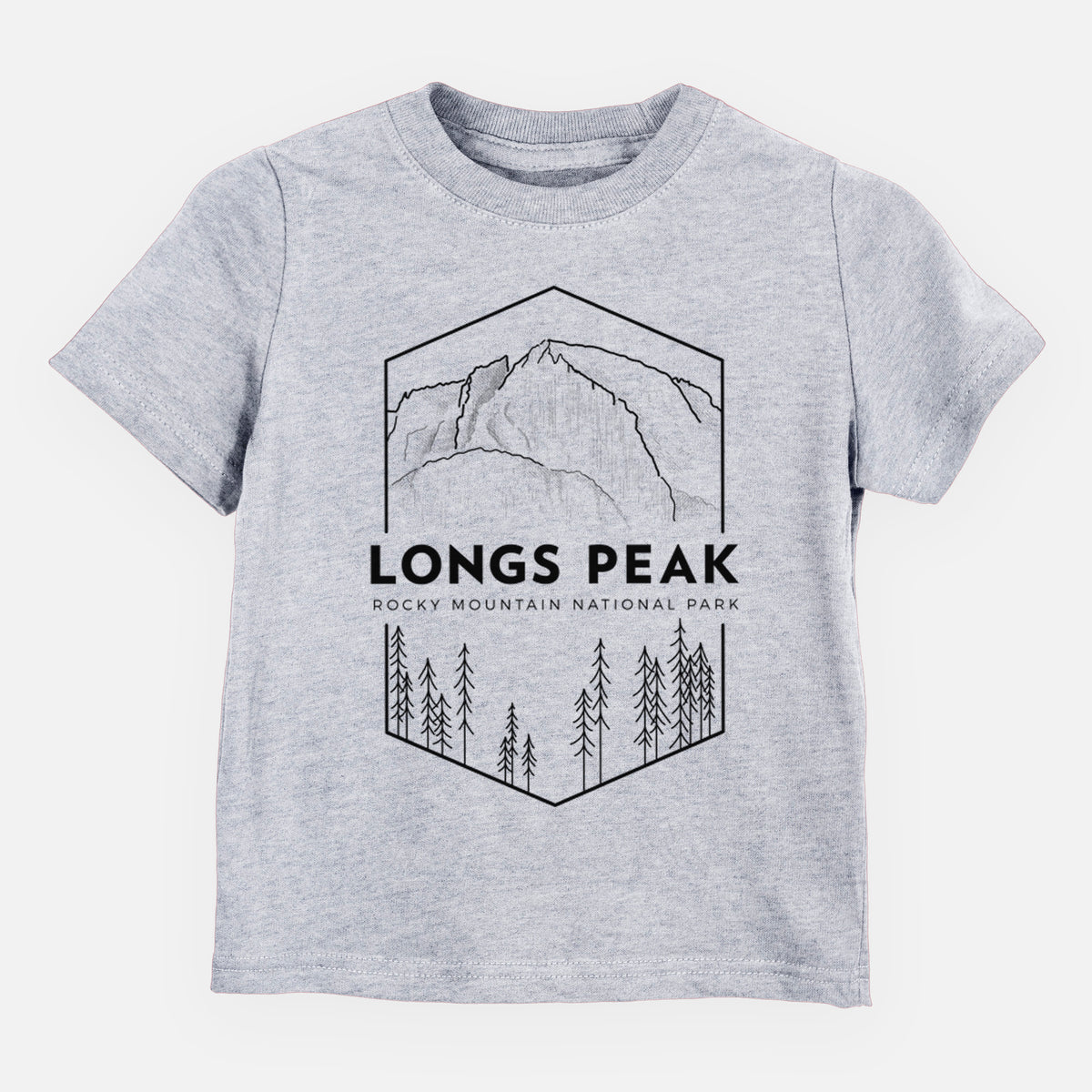 Heather grey toddler t-shirt laid flat, printed with a black line art badge of Longs Peak above a pine forest, with the words Longs Peak, Rocky Mountain National Park.