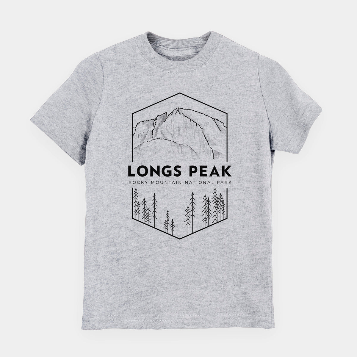 Heather grey youth t-shirt laid flat, printed with a black line art badge of Longs Peak above a pine forest, with the words Longs Peak, Rocky Mountain National Park.