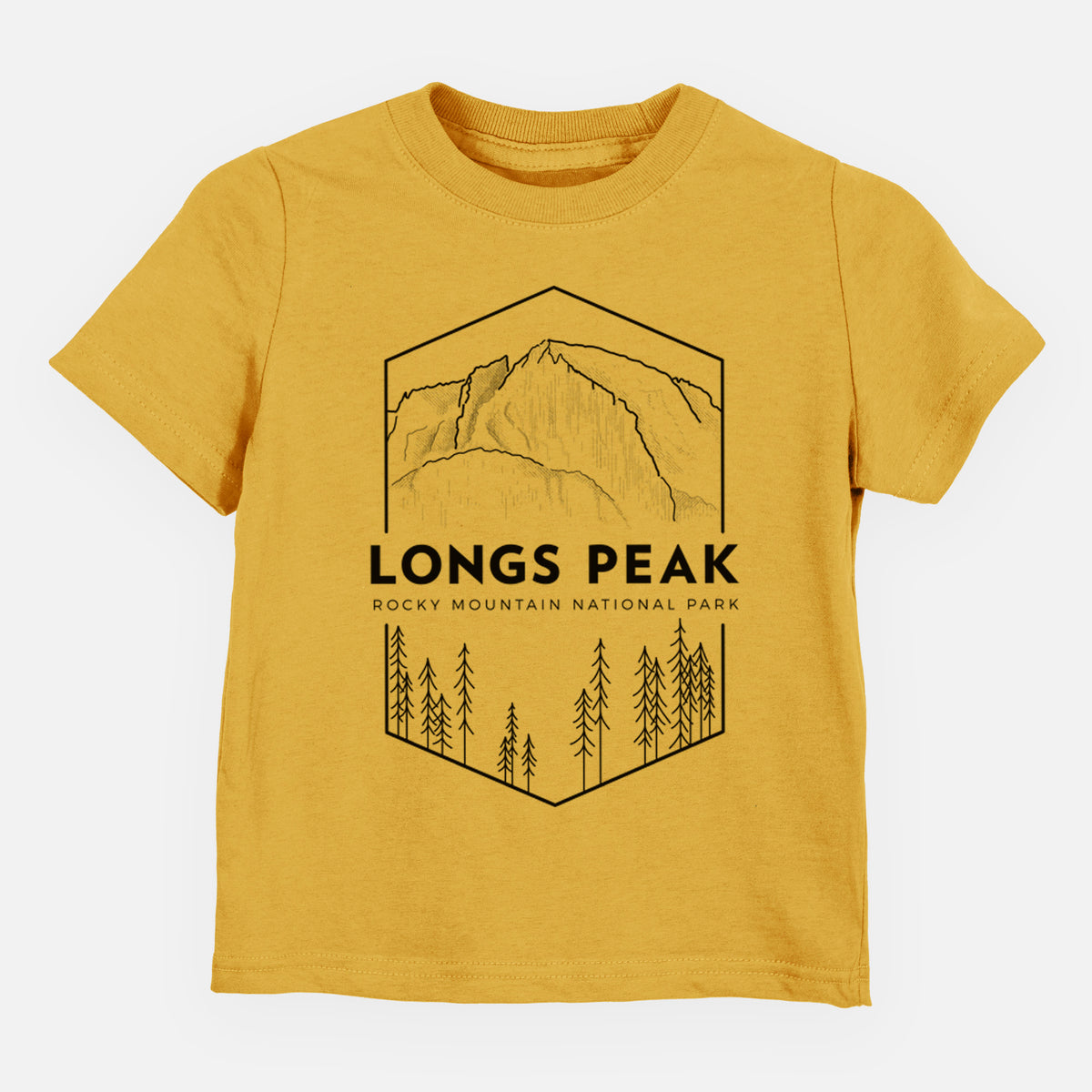 Honeycomb yellow toddler t-shirt laid flat, printed with a black line art badge of Longs Peak above a pine forest, with the words Longs Peak, Rocky Mountain National Park.