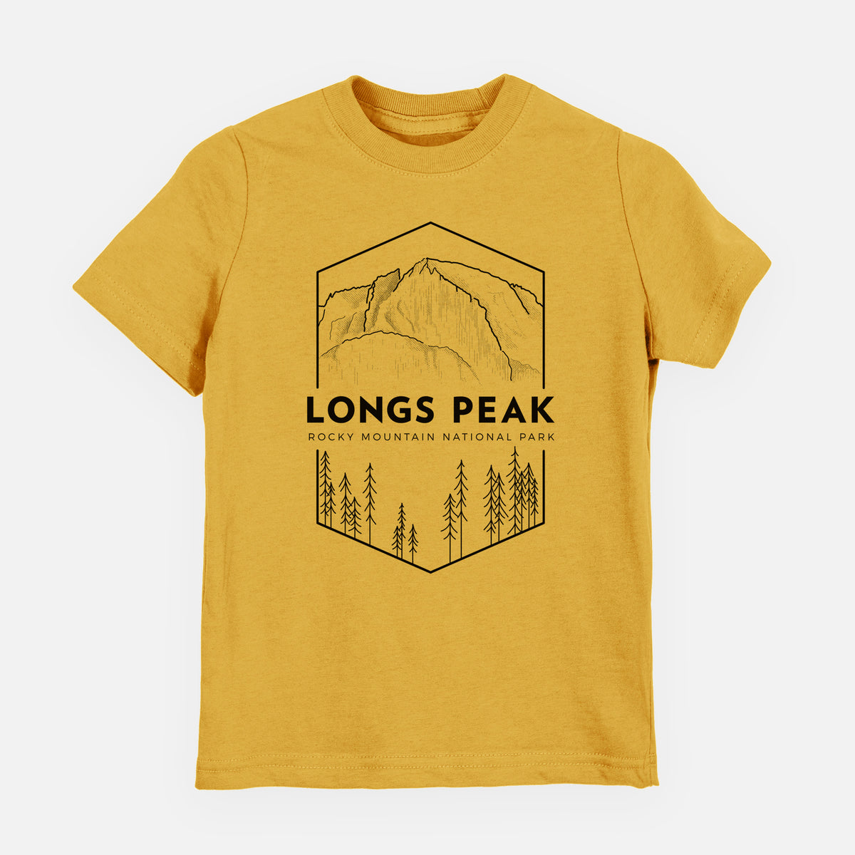 Honeycomb yellow youth t-shirt laid flat, printed with a black line art badge of Longs Peak above a pine forest, with the words Longs Peak, Rocky Mountain National Park.