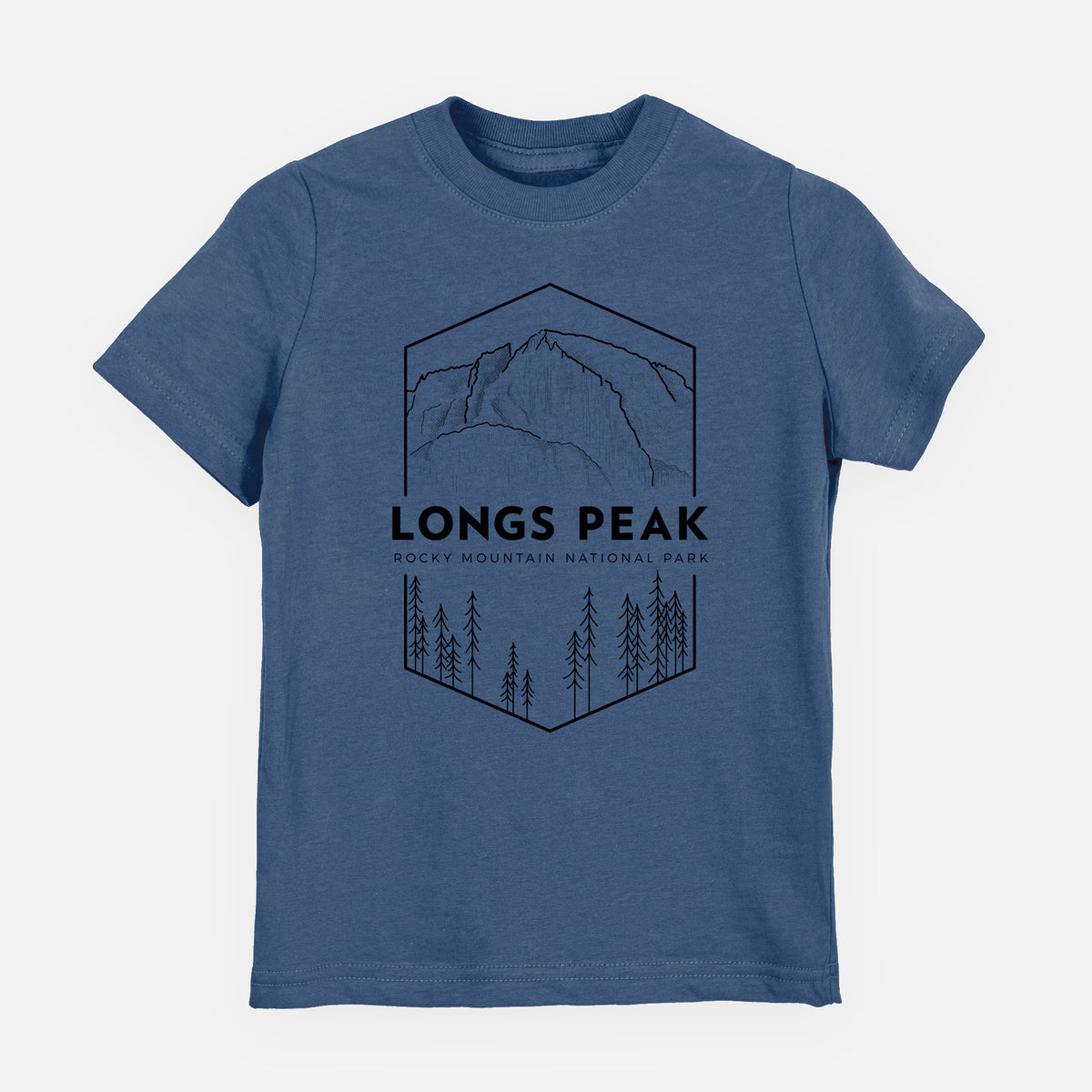 Indigo blue youth t-shirt laid flat, printed with a black line art badge of Longs Peak above a pine forest, with the words Longs Peak, Rocky Mountain National Park.