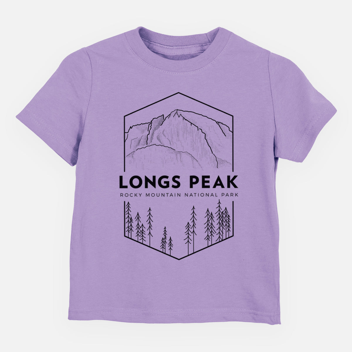 Lavender toddler t-shirt laid flat, printed with a black line art badge of Longs Peak above a pine forest, with the words Longs Peak, Rocky Mountain National Park.
