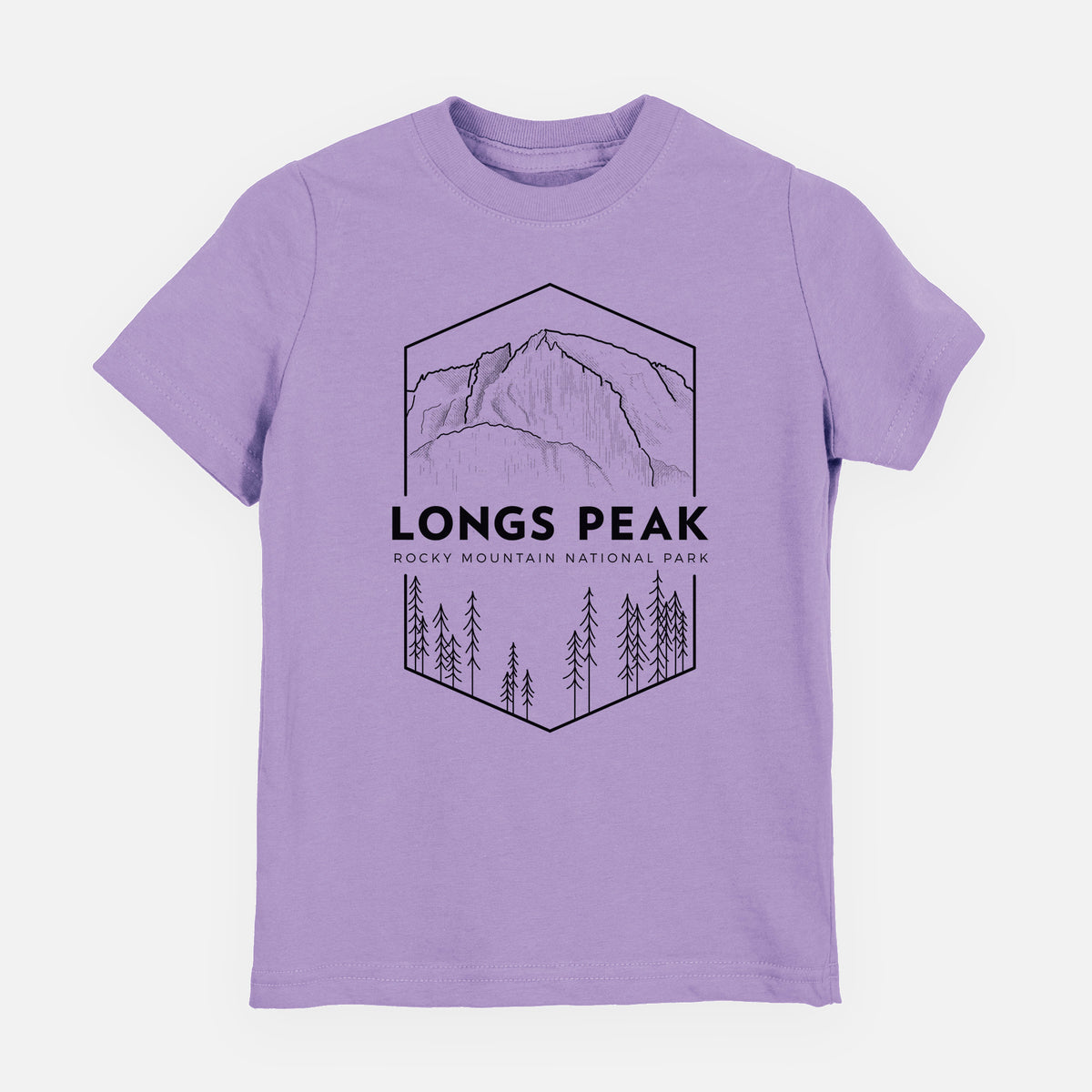 Lavender youth t-shirt laid flat, printed with a black line art badge of Longs Peak above a pine forest, with the words Longs Peak, Rocky Mountain National Park.