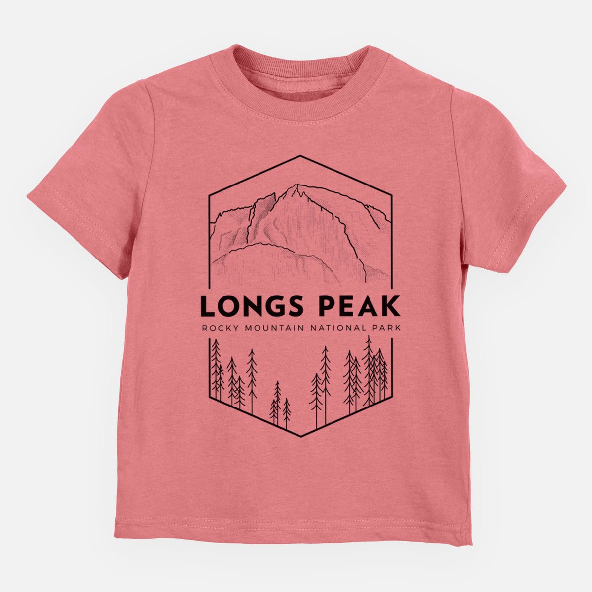 Mauve pink toddler t-shirt laid flat, printed with a black line art badge of Longs Peak above a pine forest, with the words Longs Peak, Rocky Mountain National Park.