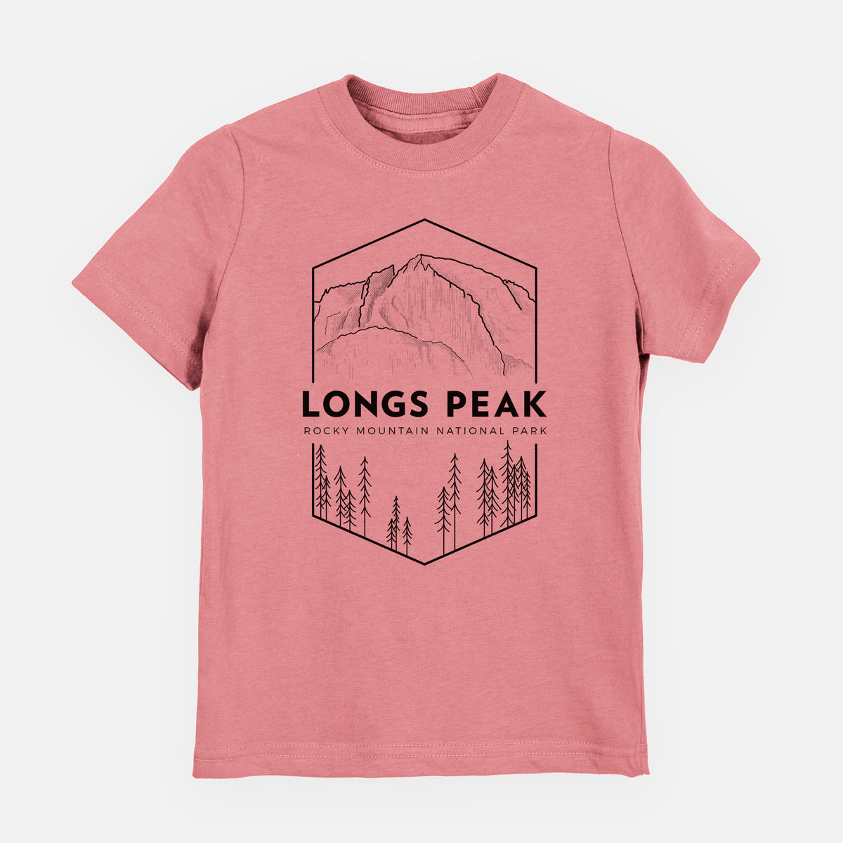 Mauve pink youth t-shirt laid flat, printed with a black line art badge of Longs Peak above a pine forest, with the words Longs Peak, Rocky Mountain National Park.