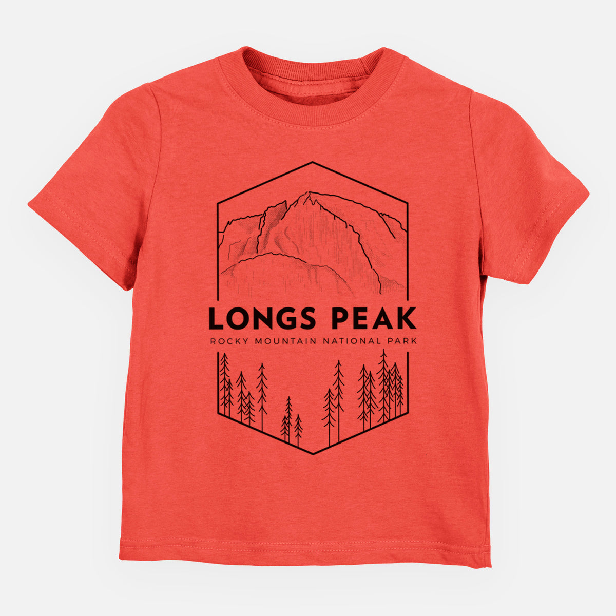 Passionfruit pink toddler t-shirt laid flat, printed with a black line art badge of Longs Peak above a pine forest, with the words Longs Peak, Rocky Mountain National Park.