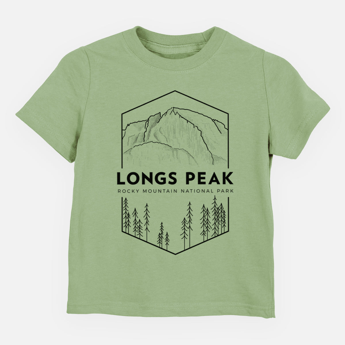 Sage green toddler t-shirt laid flat, printed with a black line art badge of Longs Peak above a pine forest, with the words Longs Peak, Rocky Mountain National Park.