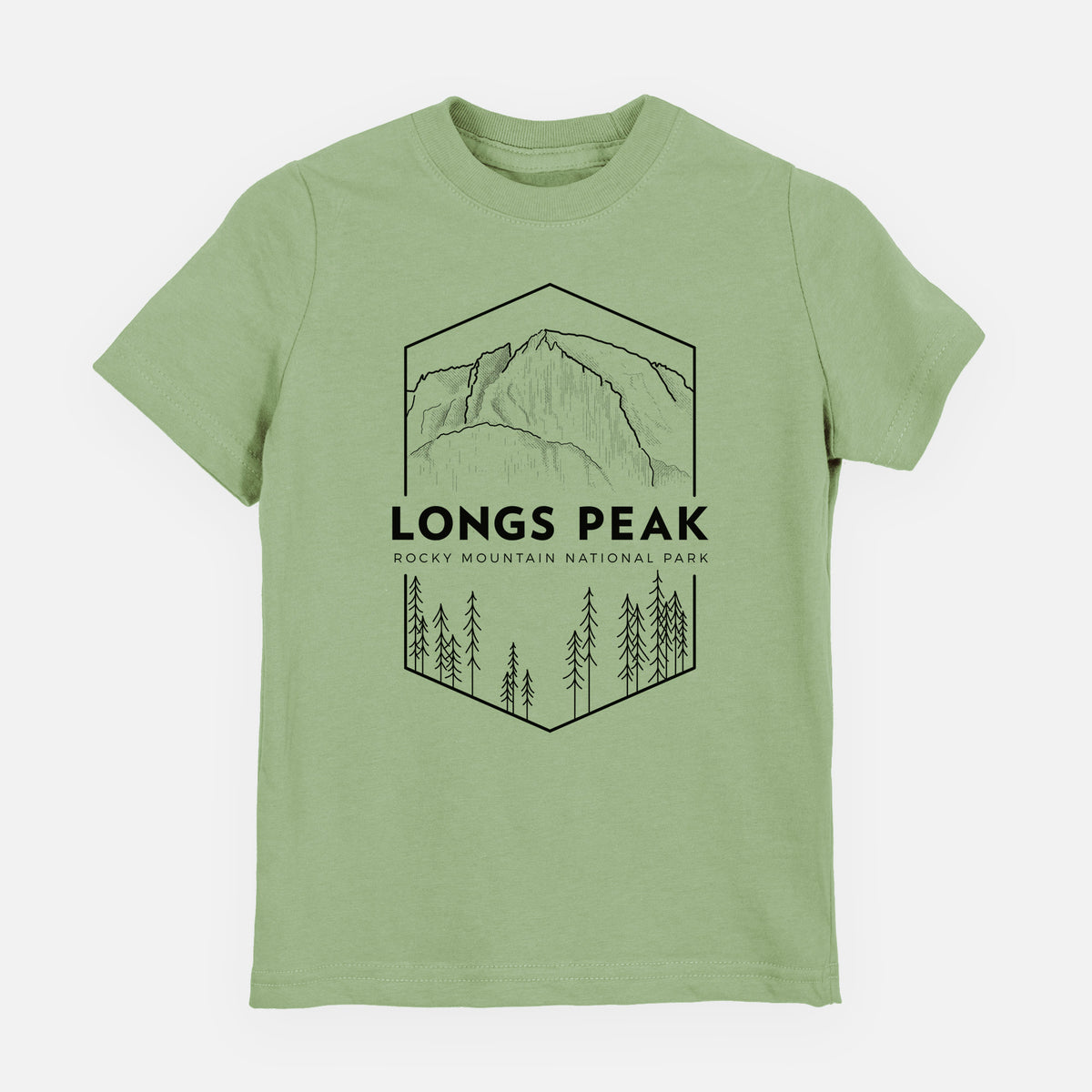 Sage green youth t-shirt laid flat, printed with a black line art badge of Longs Peak above a pine forest, with the words Longs Peak, Rocky Mountain National Park.