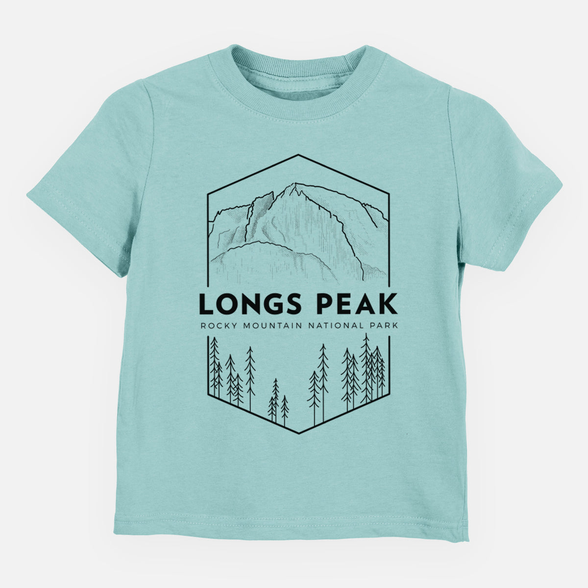 Saltwater toddler t-shirt laid flat, printed with a black line art badge of Longs Peak above a pine forest, with the words Longs Peak, Rocky Mountain National Park.