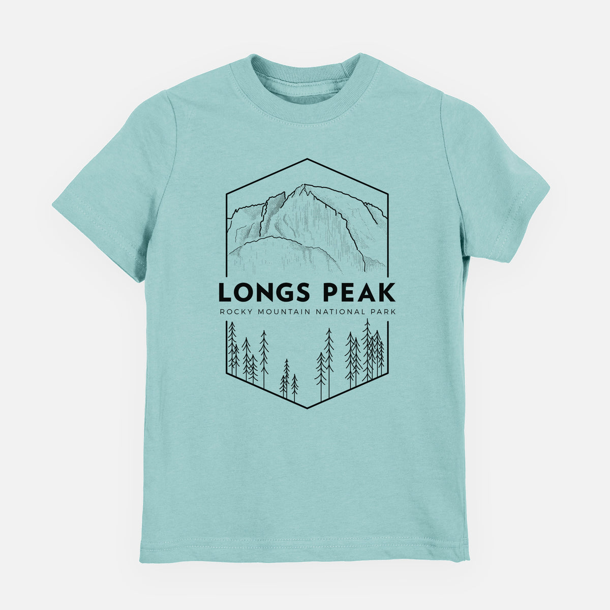 Saltwater youth t-shirt laid flat, printed with a black line art badge of Longs Peak above a pine forest, with the words Longs Peak, Rocky Mountain National Park.