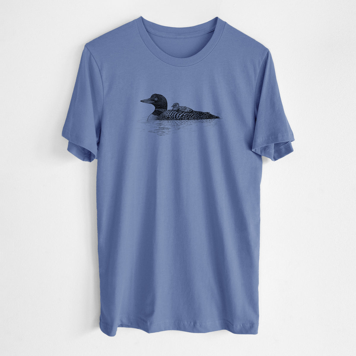Blue bell lightweight cotton t-shirt laid flat, printed with a black ink sketch of a common loon floating on water with a chick riding on its back.
