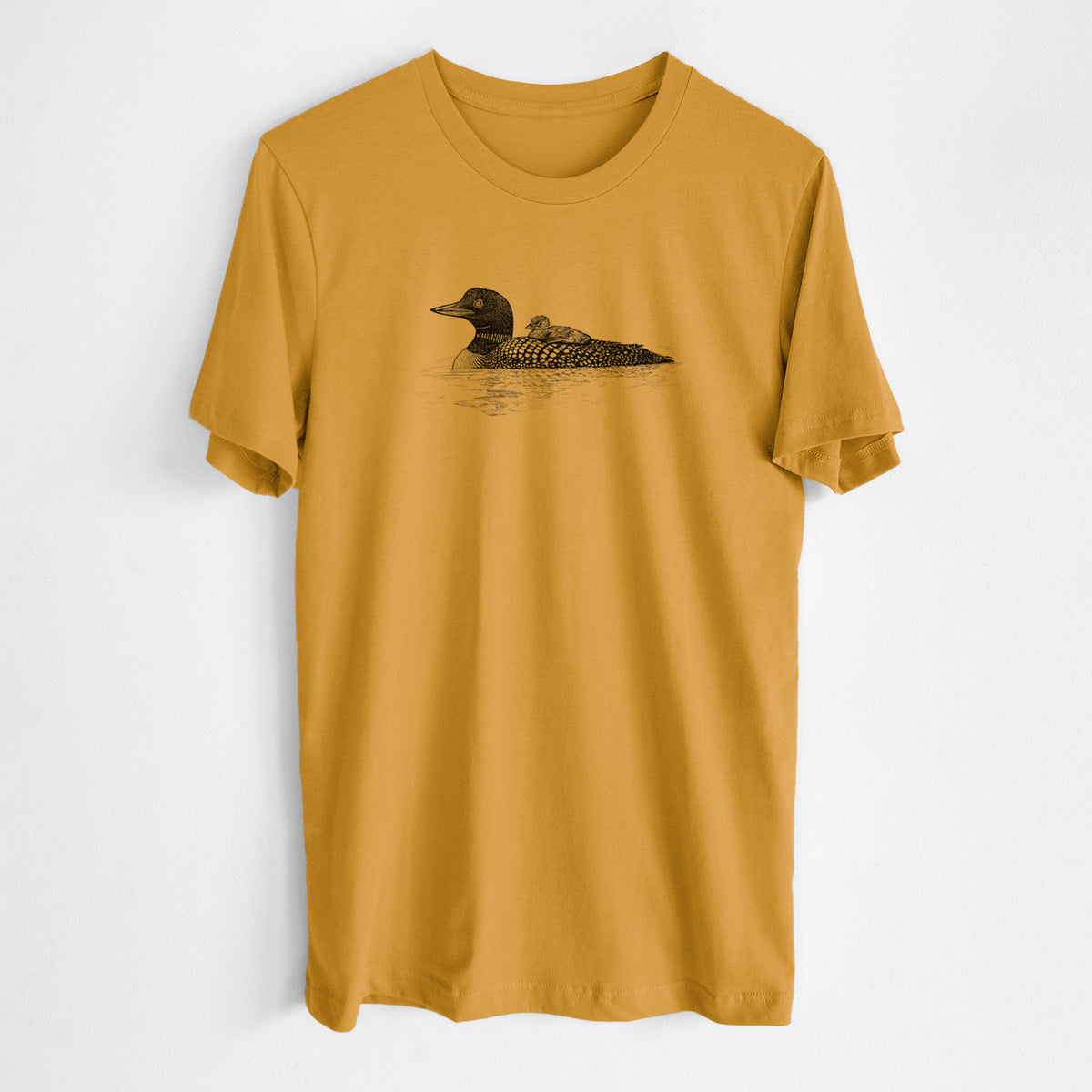 Honeycomb yellow lightweight cotton t-shirt laid flat, printed with a black ink sketch of a common loon floating on water with a chick riding on its back.