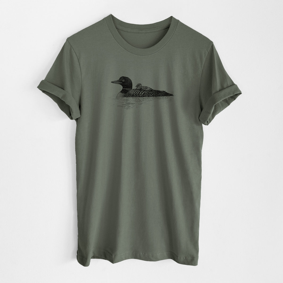 Military green lightweight cotton t-shirt laid flat, printed with a black ink sketch of a common loon floating on water with a chick riding on its back.
