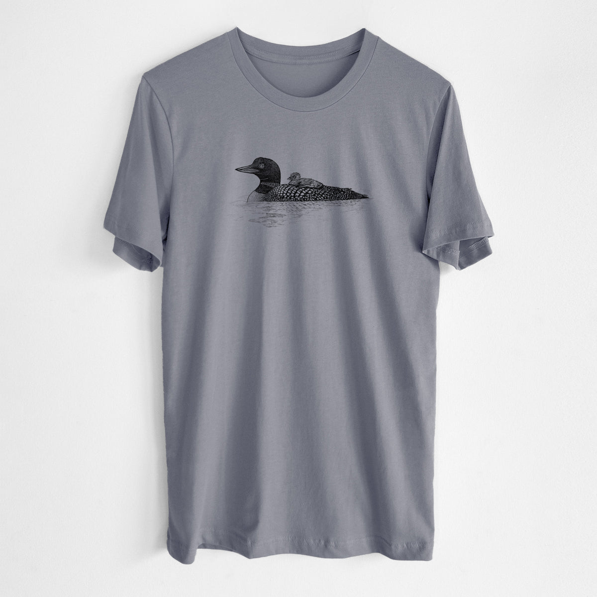 Storm grey lightweight cotton t-shirt laid flat, printed with a black ink sketch of a common loon floating on water with a chick riding on its back.