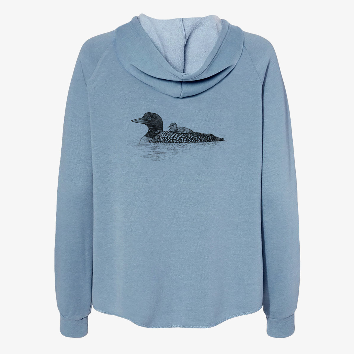 Misty blue women's Cali Wave zip-up sweatshirt laid flat, printed with a black ink sketch of a common loon floating on water with a chick riding on its back.