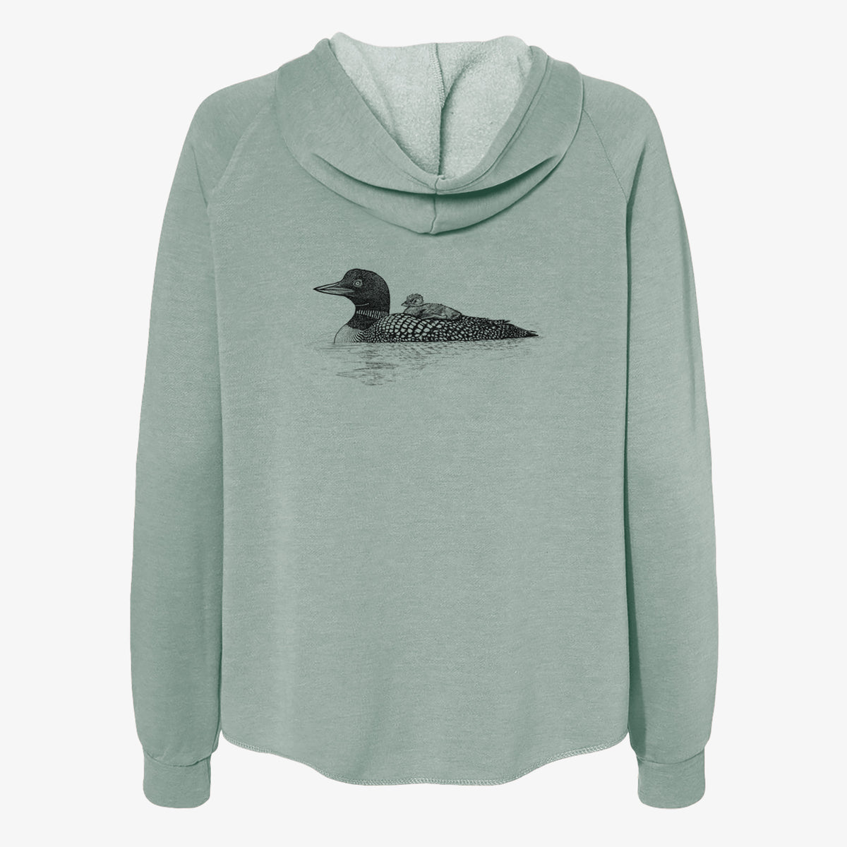 Sage green women's Cali Wave zip-up sweatshirt laid flat, printed with a black ink sketch of a common loon floating on water with a chick riding on its back.
