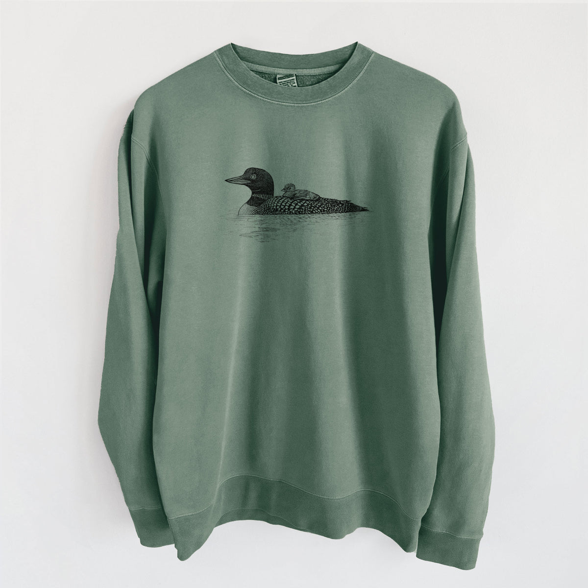 Common Loon with Chick - Gavia immer - Unisex Pigment Dyed Crew Sweatshirt in Alpine Green