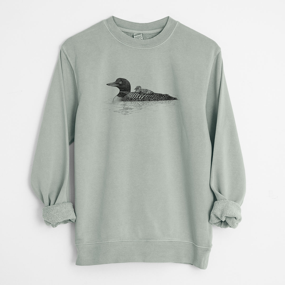 Common Loon with Chick - Gavia immer - Unisex Pigment Dyed Crew Sweatshirt in Sage