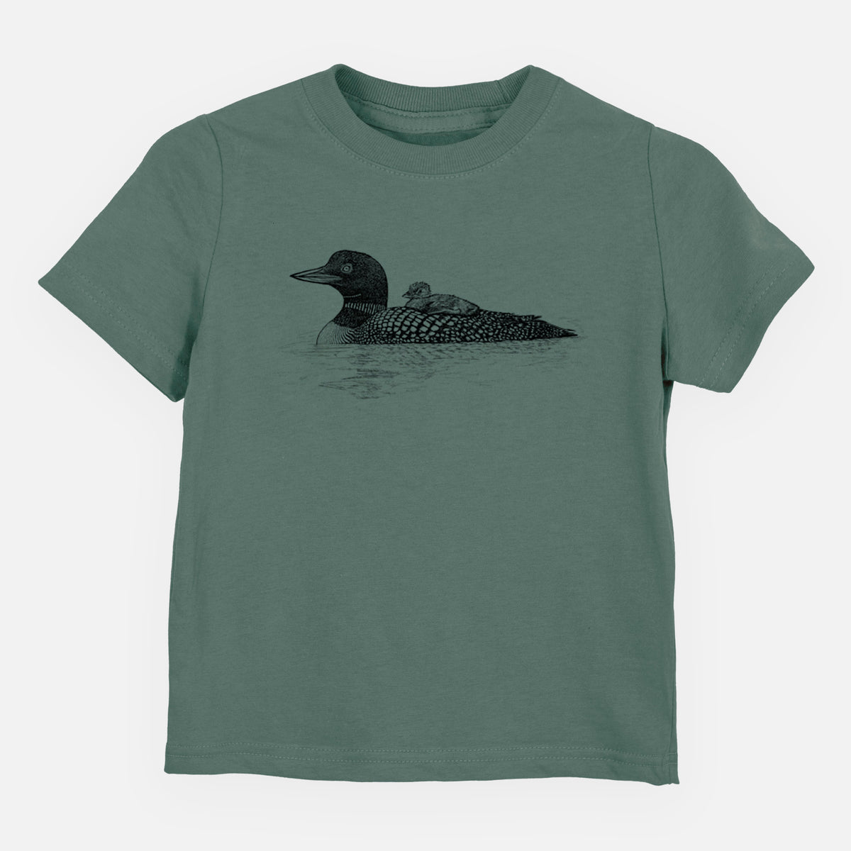 Basil green toddler t-shirt laid flat, printed with a black ink sketch of a common loon floating on water with a chick riding on its back.