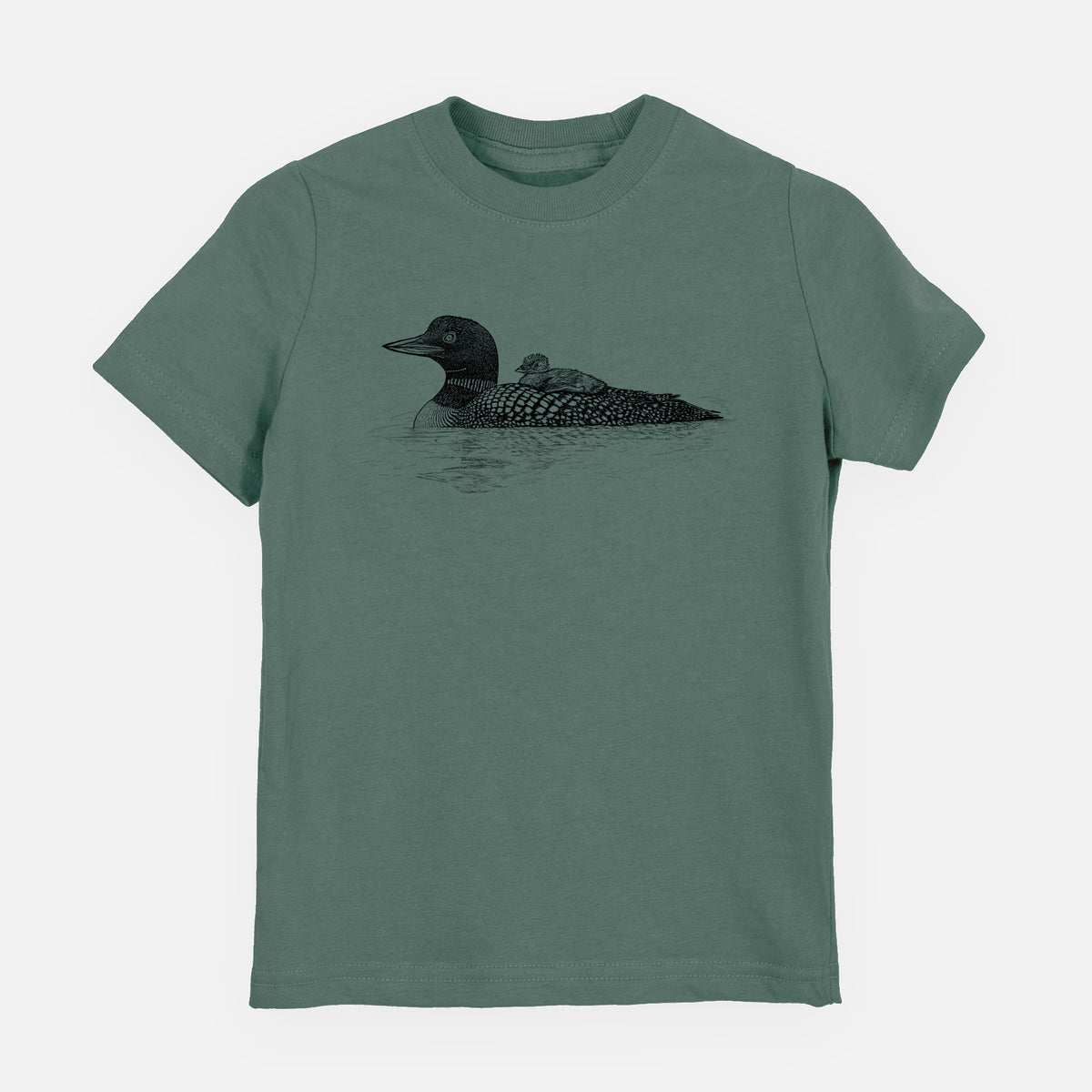 Basil green youth t-shirt laid flat, printed with a black ink sketch of a common loon floating on water with a chick riding on its back.