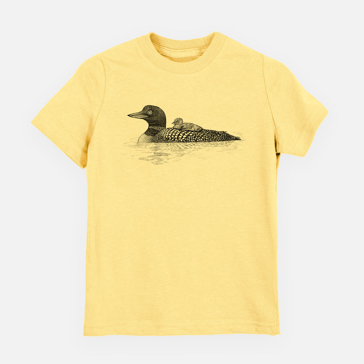 Butter yellow youth t-shirt laid flat, printed with a black ink sketch of a common loon floating on water with a chick riding on its back.