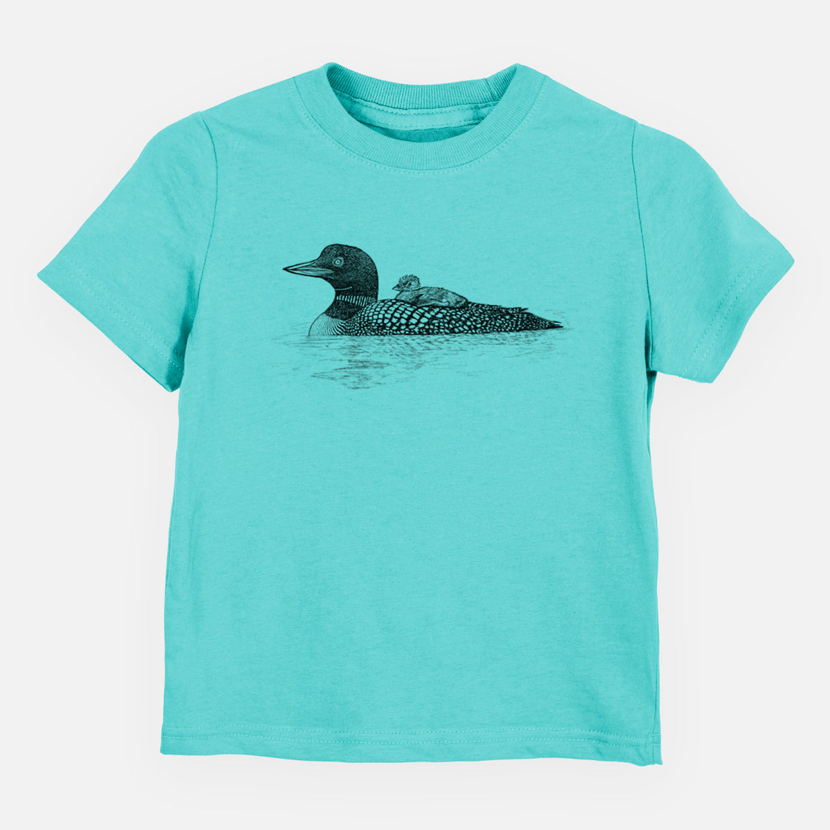 Caribbean blue toddler t-shirt laid flat, printed with a black ink sketch of a common loon floating on water with a chick riding on its back.