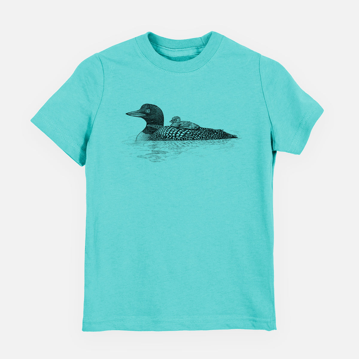 Caribbean blue youth t-shirt laid flat, printed with a black ink sketch of a common loon floating on water with a chick riding on its back.