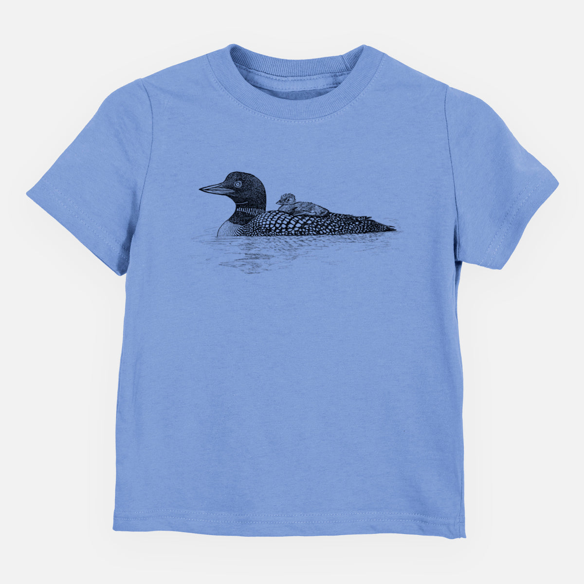 Carolina blue toddler t-shirt laid flat, printed with a black ink sketch of a common loon floating on water with a chick riding on its back.