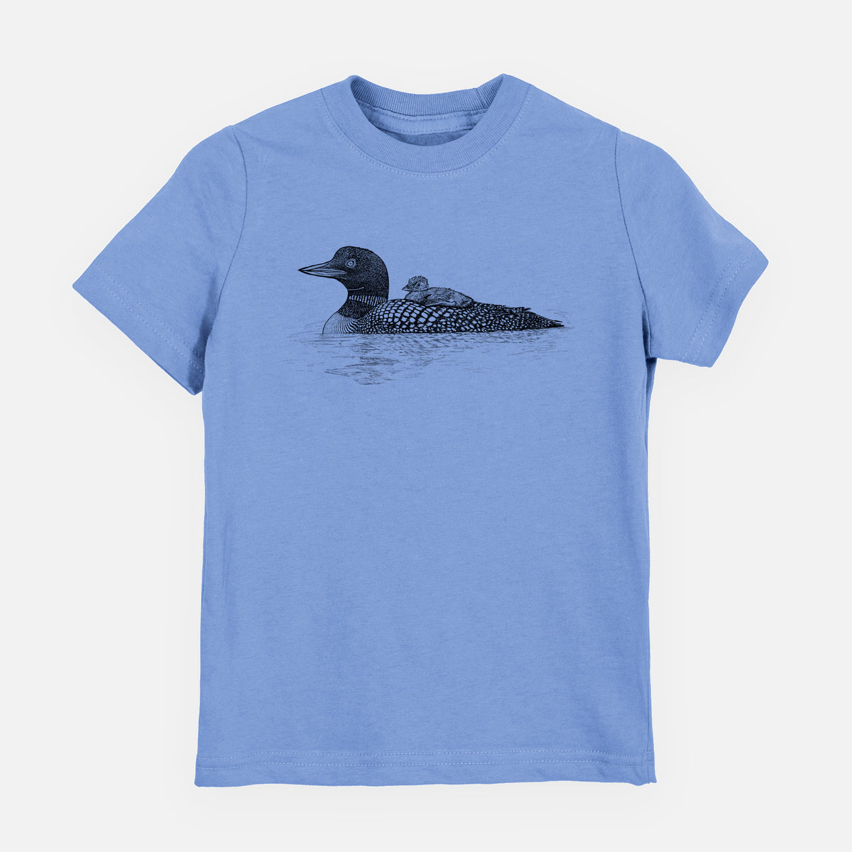 Carolina blue youth t-shirt laid flat, printed with a black ink sketch of a common loon floating on water with a chick riding on its back.