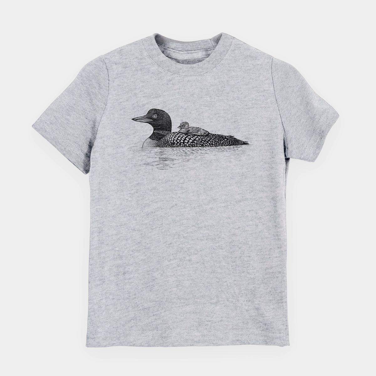 Heather grey youth t-shirt laid flat, printed with a black ink sketch of a common loon floating on water with a chick riding on its back.